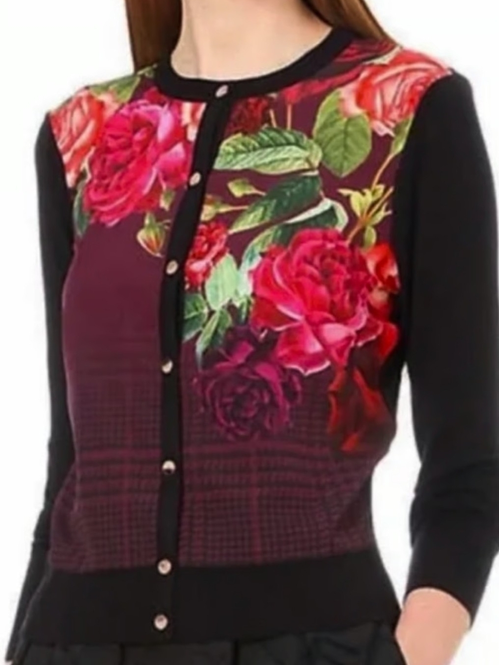 Ted Baker Floral Print Cardigan Sweater Burgundy & Black Size 2 ( XS/S)